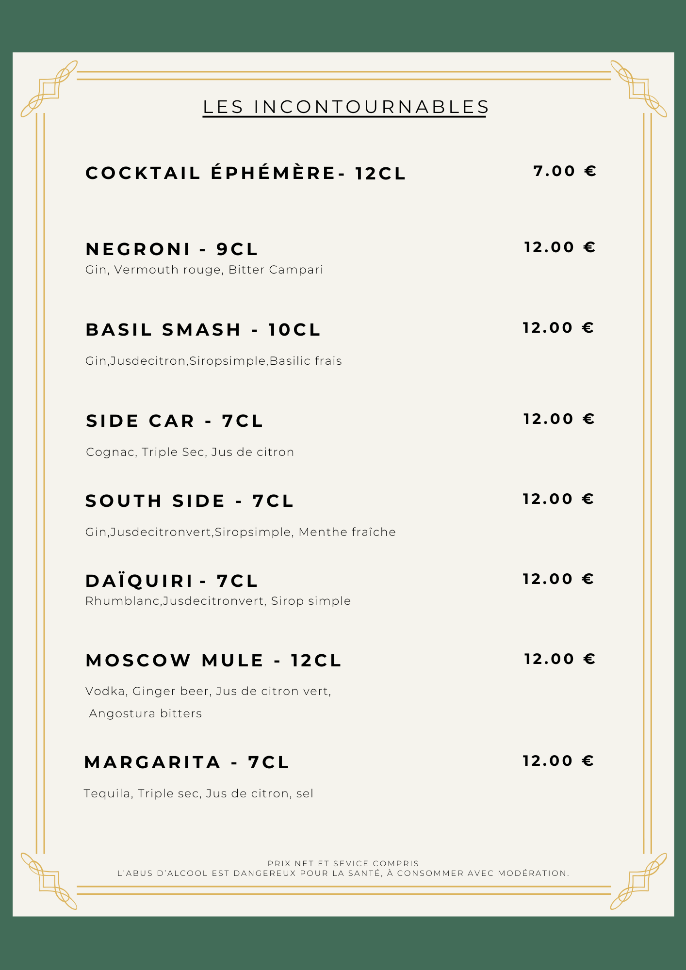 Découvrez la carte des cocktails classiques incontournables du Bar Louise.